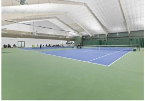 Indoor tennis court with blue and green surfaces, surrounded by spectators.