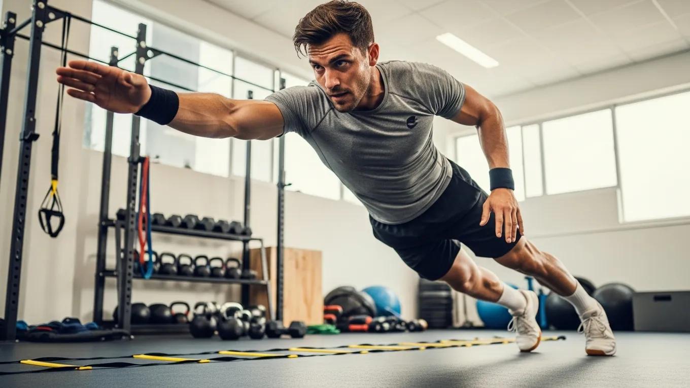 Athlete performing strength training exercise focused on core stability and agility, highlighting fitness importance for racquet sports performance.