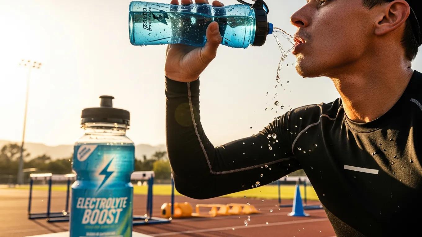 Athlete hydrating with electrolyte drink during training, emphasizing hydration strategies for optimal performance and recovery.