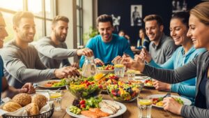 Athletes sharing a nutritious meal highlighting the importance of proper nutrition for performance