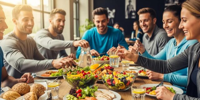 Athletes sharing a nutritious meal, highlighting the importance of proper nutrition for performance and health at The DRHC.