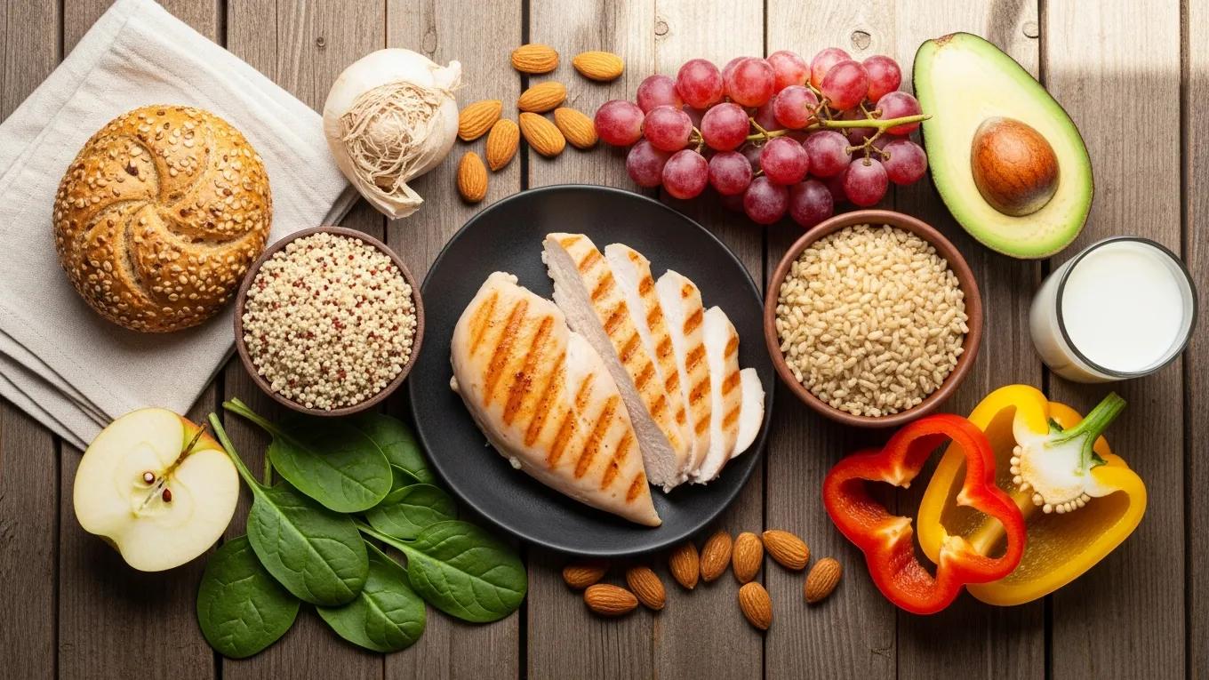 Diverse food sources including grilled chicken, quinoa, spinach, apples, almonds, grapes, avocado, and colorful bell peppers, illustrating essential macronutrients for athletic performance and recovery.
