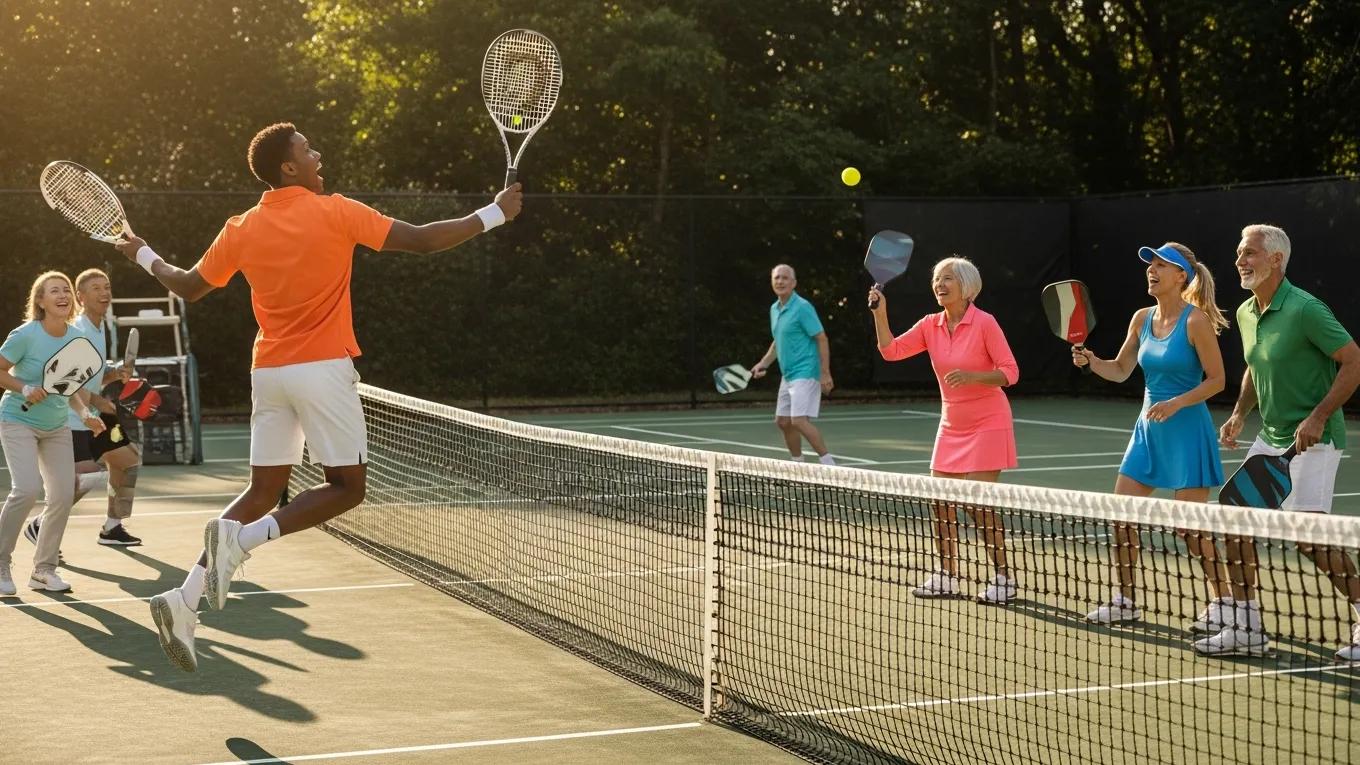 Diverse group of players enjoying tennis and pickleball on court, showcasing the health and fitness benefits of racquet sports at Dearborn Racquet and Health Club.