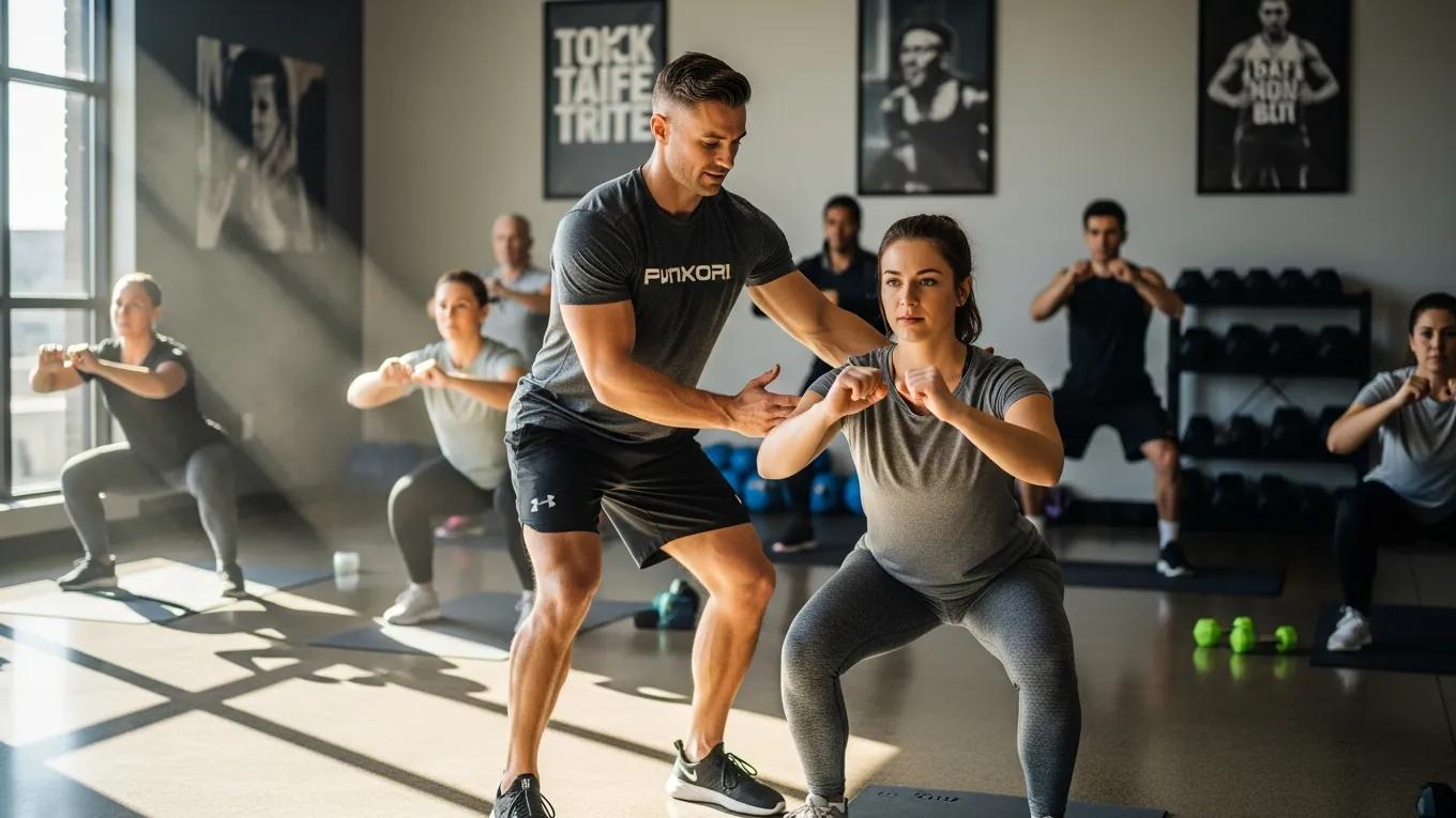 Fitness coach providing personalized guidance to a participant in a group fitness class, enhancing workout effectiveness and promoting core strength and flexibility.
