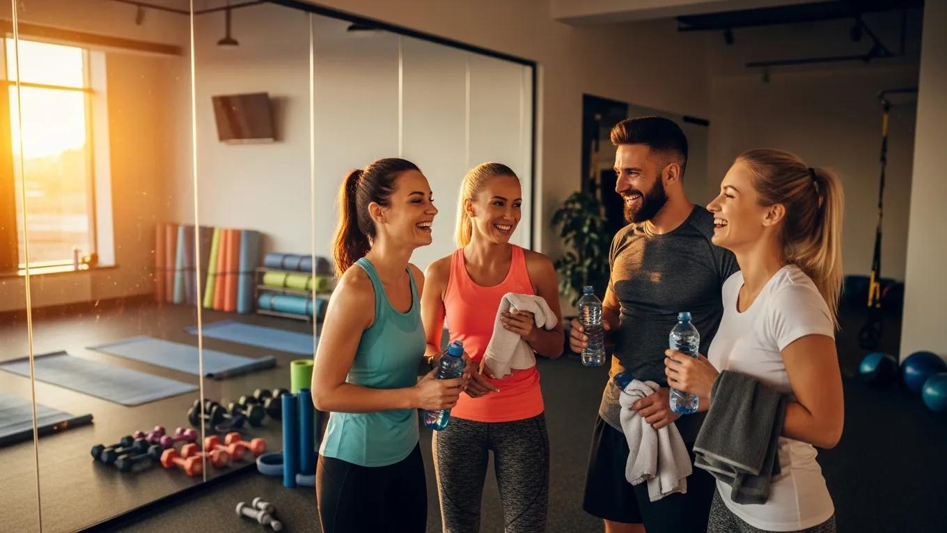 Group of four friends smiling and engaging in conversation after a fitness class, holding water bottles and towels in a gym setting, illustrating the social interaction benefits of group exercise.