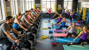 Group fitness class with diverse participants engaging in various exercises, promoting mental and physical health