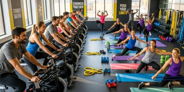 Group fitness class at The DRHC with diverse participants engaging in cycling and stretching exercises, promoting mental and physical health in a vibrant gym setting.