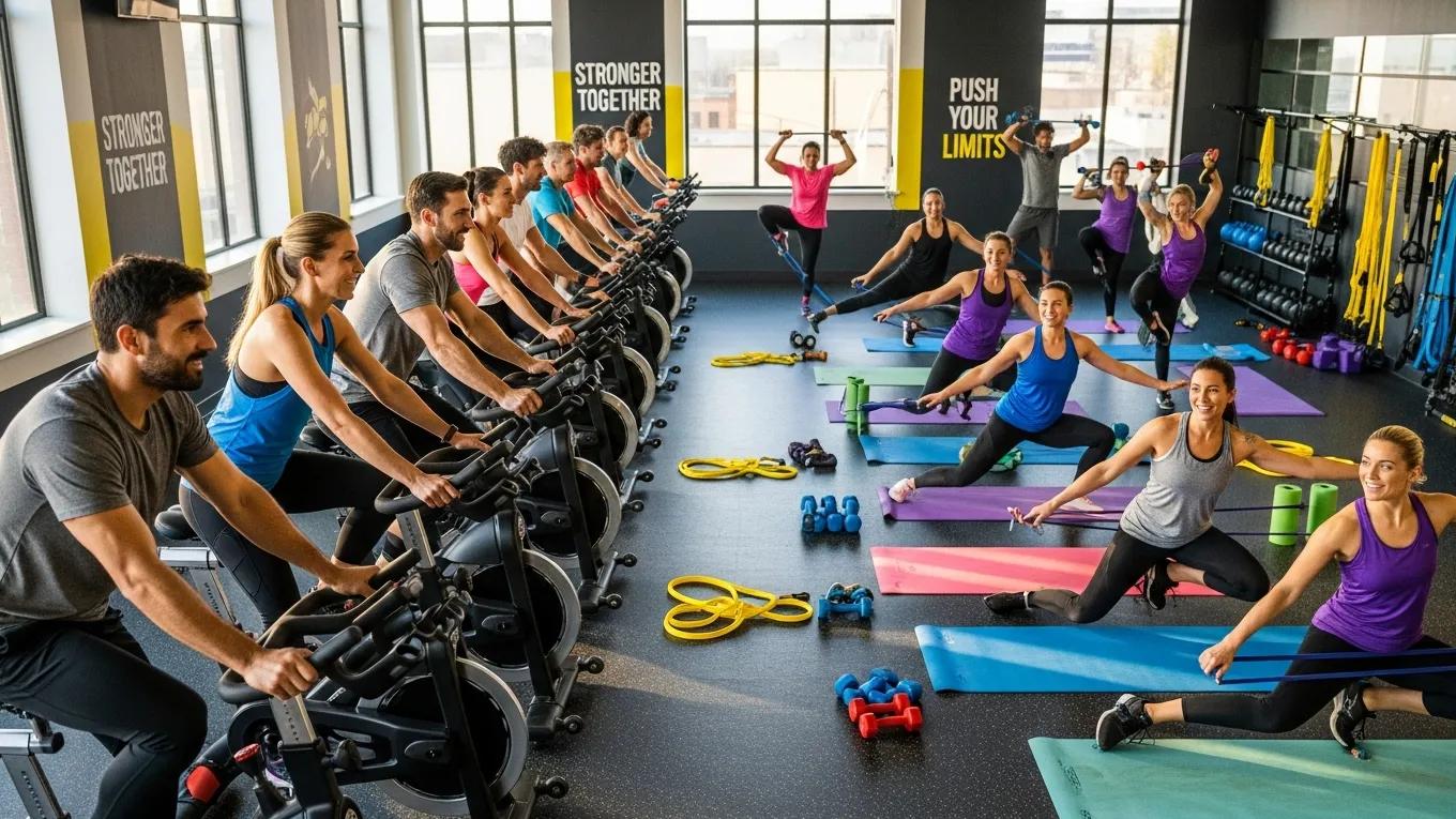 Diverse group fitness class participants engaging in various exercises, promoting mental and physical health, with motivational phrases "Stronger Together" and "Push Your Limits" visible in the background.
