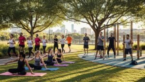 Group of diverse individuals exercising outdoors, representing sustainable workout routines and community engagement