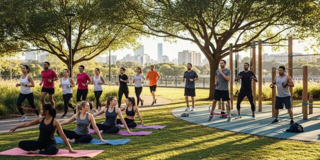 Diverse group of individuals exercising outdoors in a park, engaging in sustainable workout routines and community fitness activities, with city skyline in the background.