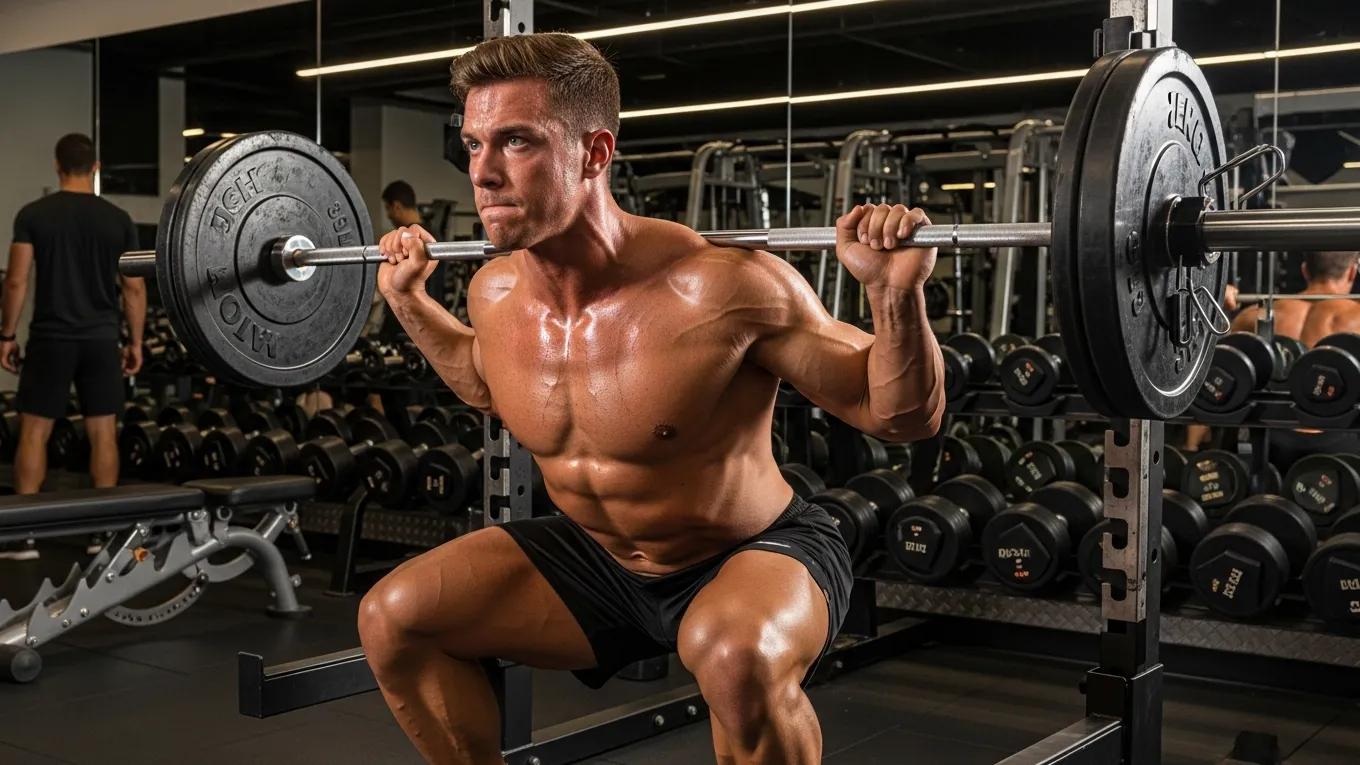 Individual performing strength training with a barbell squat in a gym, emphasizing muscle development and injury prevention.