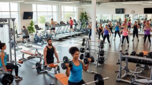 Modern gym interior with diverse individuals working out on various fitness equipment