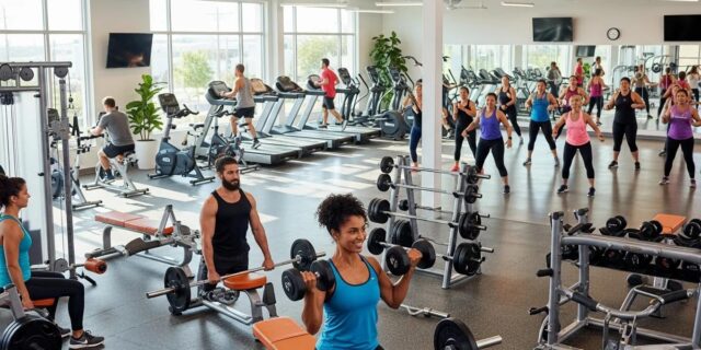Diverse individuals engaging in various workouts in a modern gym setting, featuring weightlifting, cardio equipment, and group fitness classes, emphasizing health and wellness at DRHC.