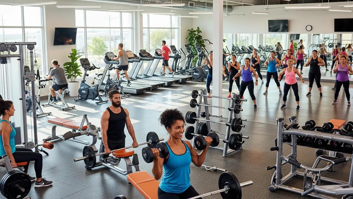 Diverse individuals exercising in a modern gym, featuring weightlifting, cardio equipment, and group fitness classes, highlighting a vibrant fitness community in Dearborn.
