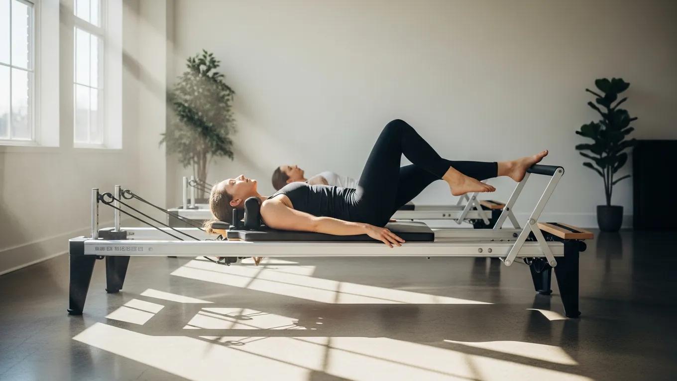 Person practicing Pilates on a reformer machine, enhancing posture and flexibility in a bright fitness studio.