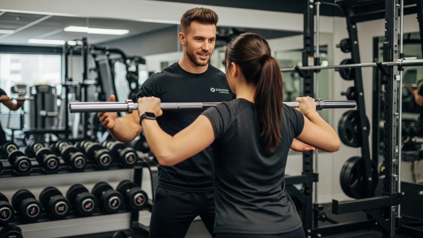 Personal trainer guiding a client through strength training with a barbell in a gym setting, emphasizing personalized fitness support and professional training.