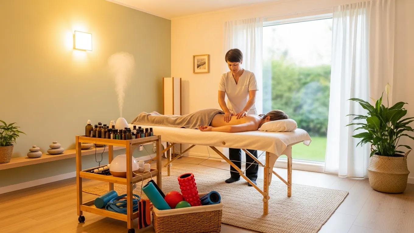 Therapist providing a massage in a calming recovery therapy room with essential oils, promoting relaxation and wellness.
