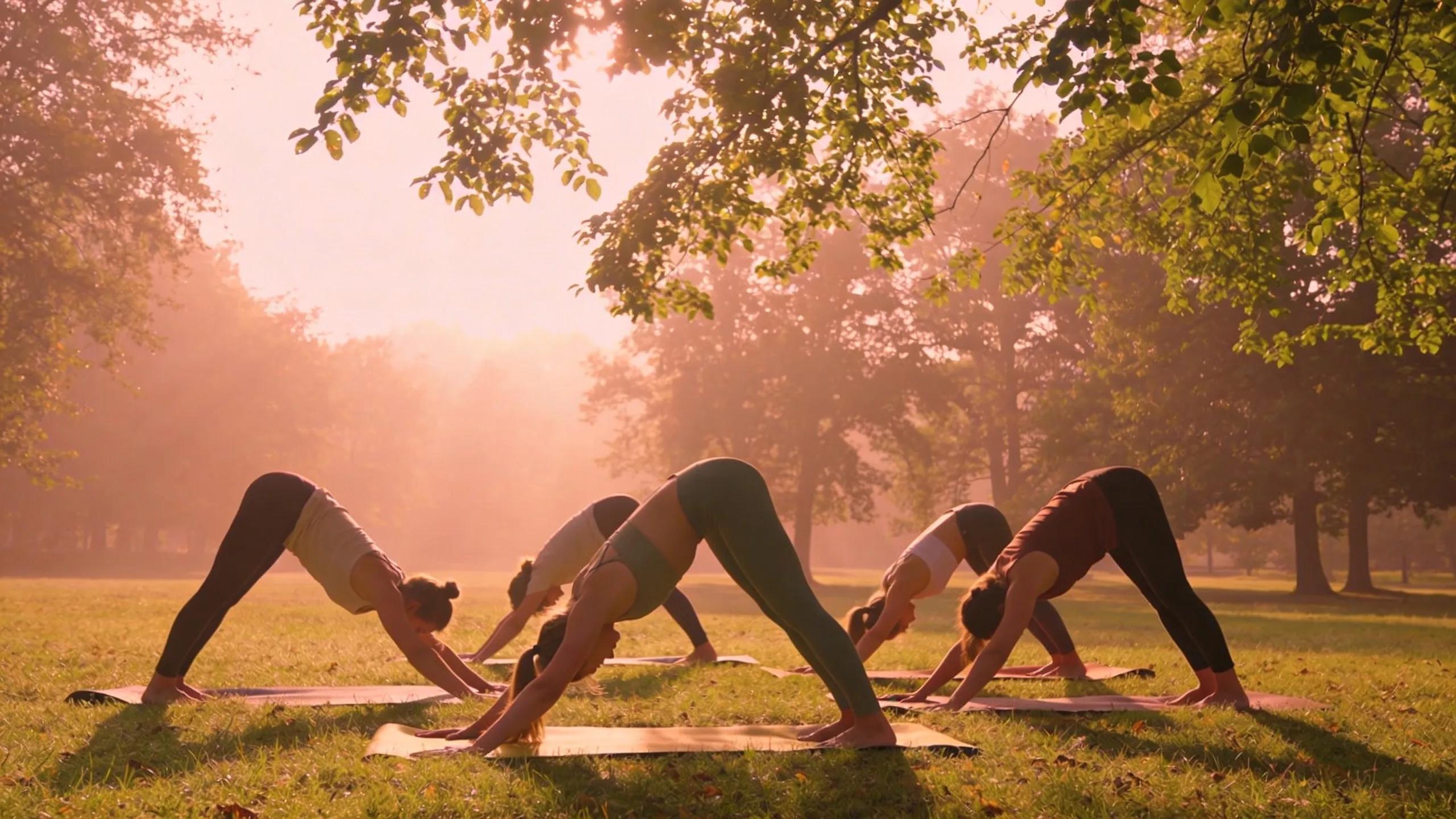 Outdoor yoga practice in a peaceful park, highlighting the mental and physical benefits of yoga.