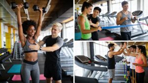 Group of individuals participating in various fitness activities at a gym, showcasing community and strength training