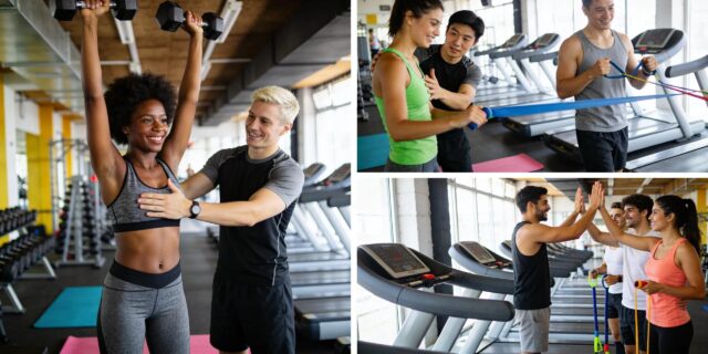 Group of individuals participating in various fitness activities at a gym, showcasing community and strength training