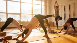 Yoga class in a serene studio with participants practicing various poses, highlighting fitness and community.
