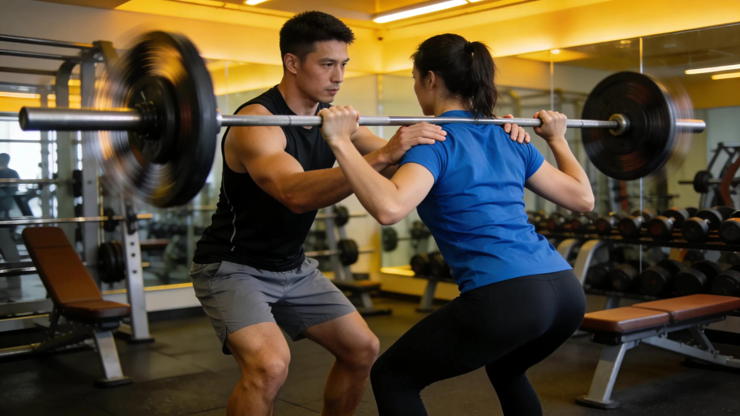 A trainer guiding a member through a weightlifting session at Dearborn Racquet and Health Club, demonstrating form and support