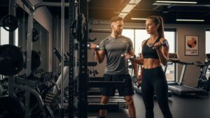 Personal trainer guiding a client in a gym, highlighting the benefits of personalized fitness training