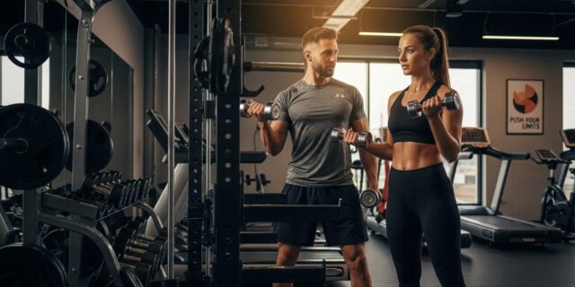 Personal trainer guiding a client in a gym, highlighting the benefits of personalized fitness training